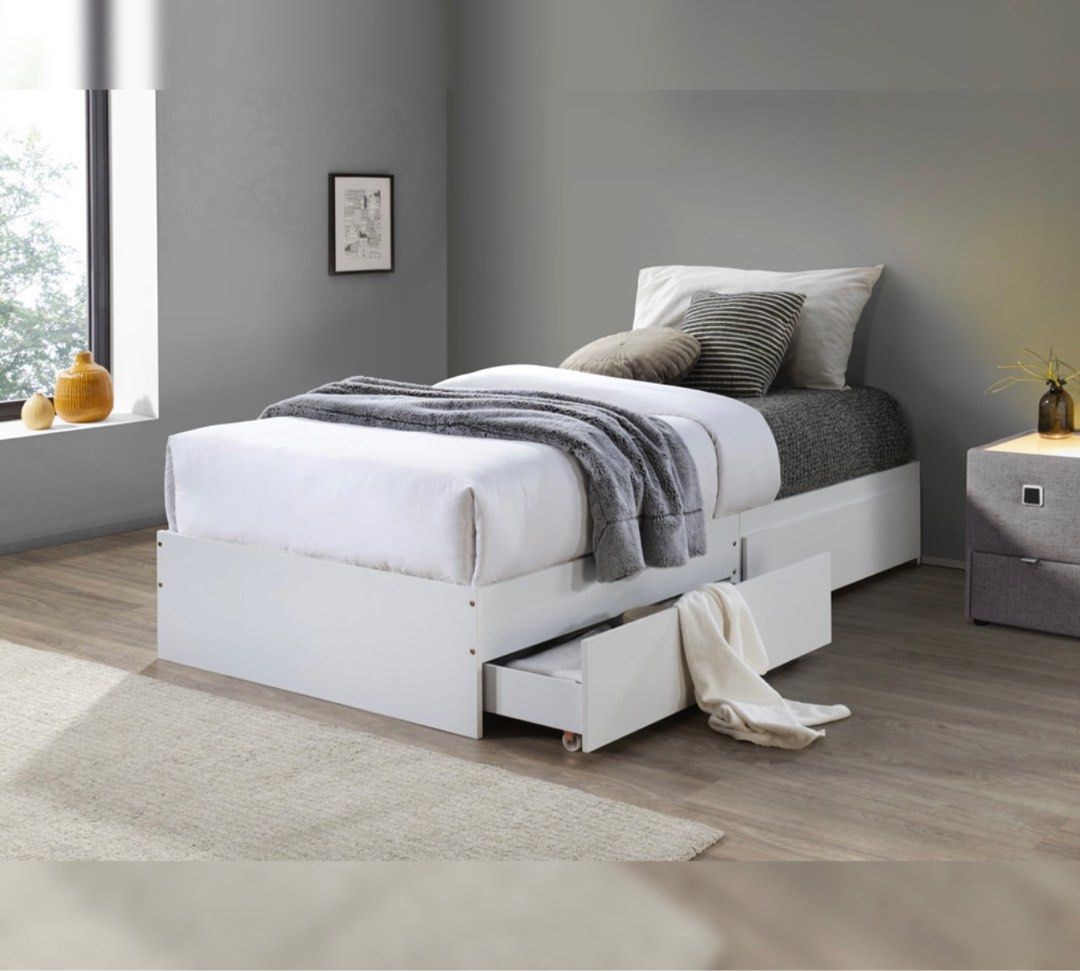 Super Single Bed Frame with Drawers (White/Brown), Furniture & Home