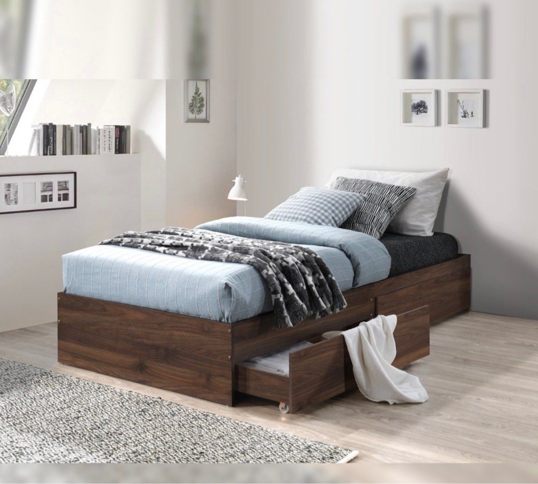 Super Single Bed Frame with Drawers (White/Brown), Furniture & Home
