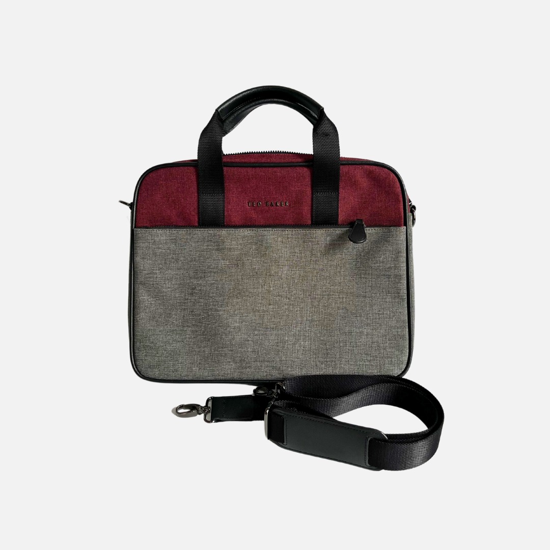 Auth Ted Baker Maka Core Nylon Document Laptop Bag in Gray & Red