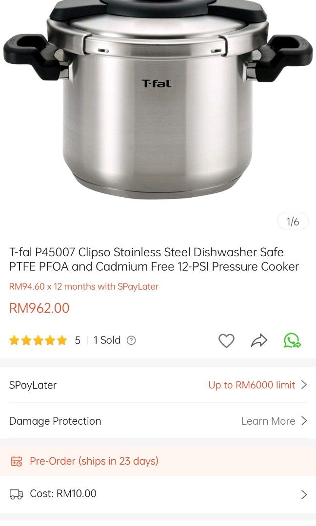 Tfal manual pressure cooker 6L, Furniture & Home Living, Kitchenware