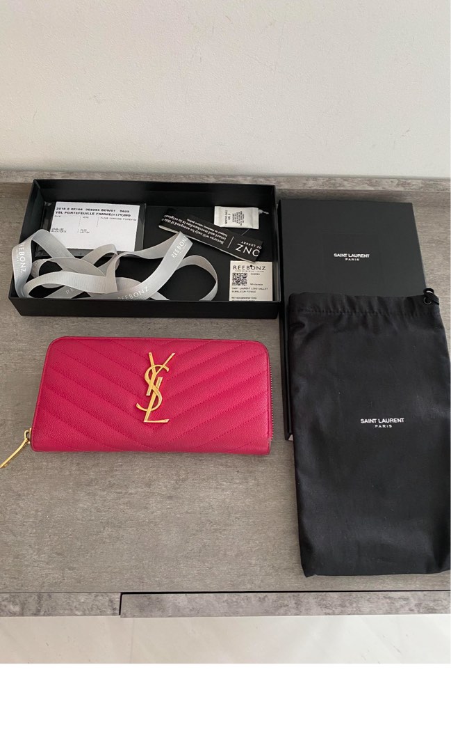YSL Yves Saint Laurent Zip Around Chevron Wallet Purse in Bubblegum Pink