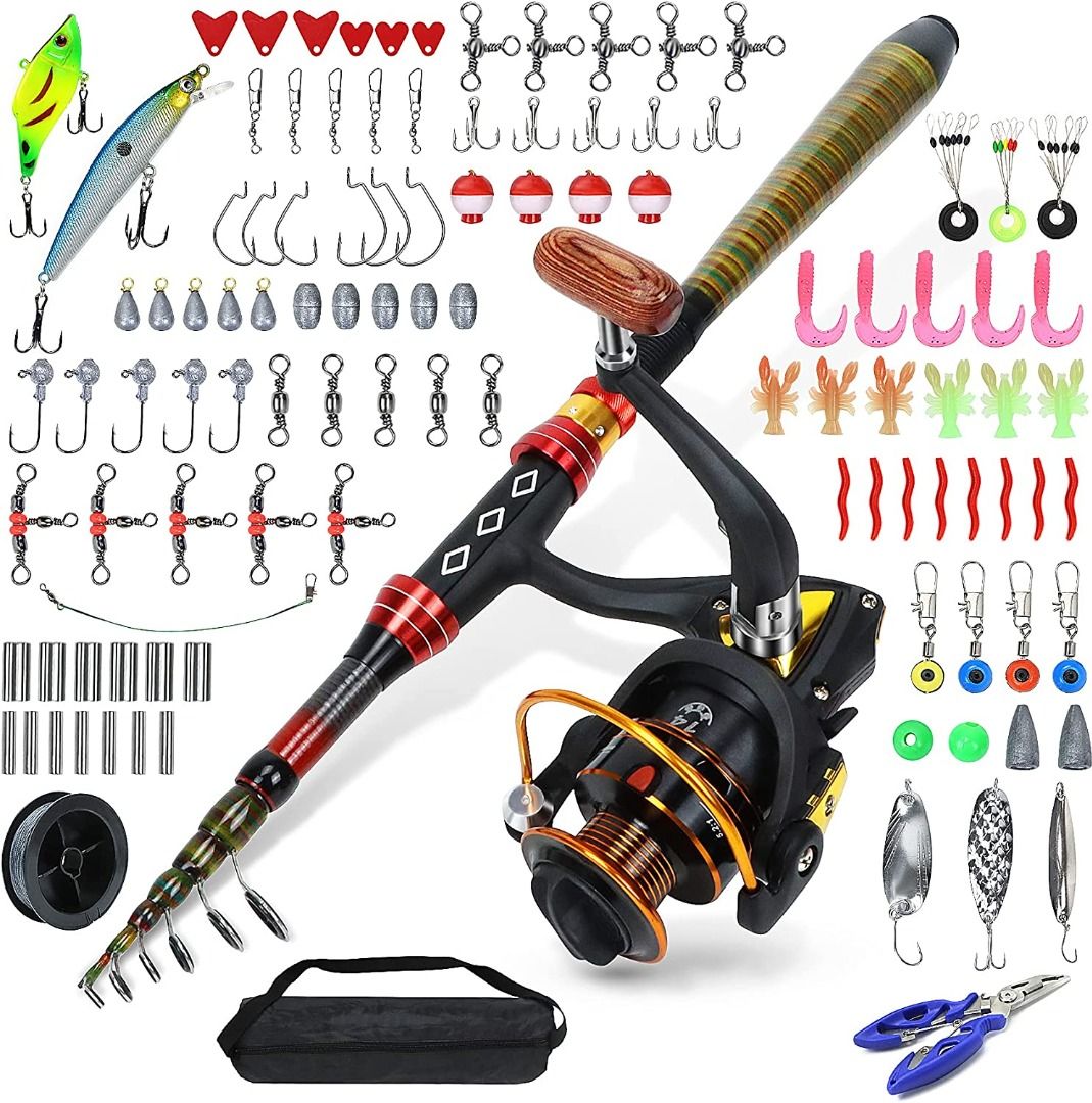 109 PCs Fishing Kit, Carbon Fiber Telescopic Fishing Pole, Portable  Telescopic Fishing Rod and Reel Combos, with Portable Bag, high-Strength  Alloy Wire Ring, Many variants of Lures, Sports Equipment, Fishing on  Carousell