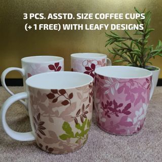 3 PCS. ASSTD. SIZE COFFEE CUPS (+ 1 FREE) WITH LEAFY DESIGNS