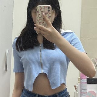 ☆大領口水藍上衣 短版上衣