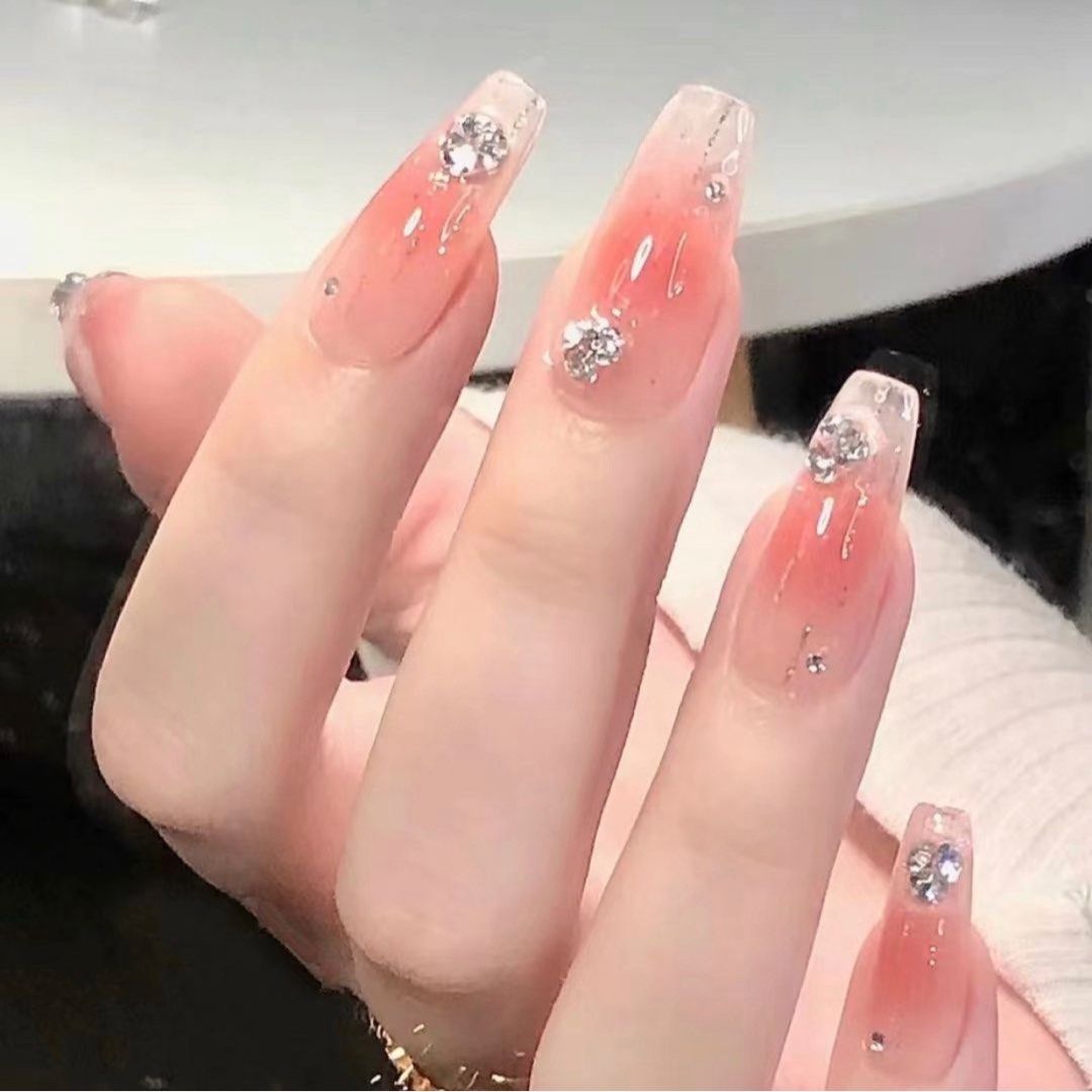 blush diamond bejeweled pink glitter harajuku ulzzang press on nails