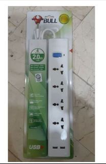 Bull Extension Cord with Switch (2mtrs) 4 Universal Socket with USB Fast Charging S204U-20