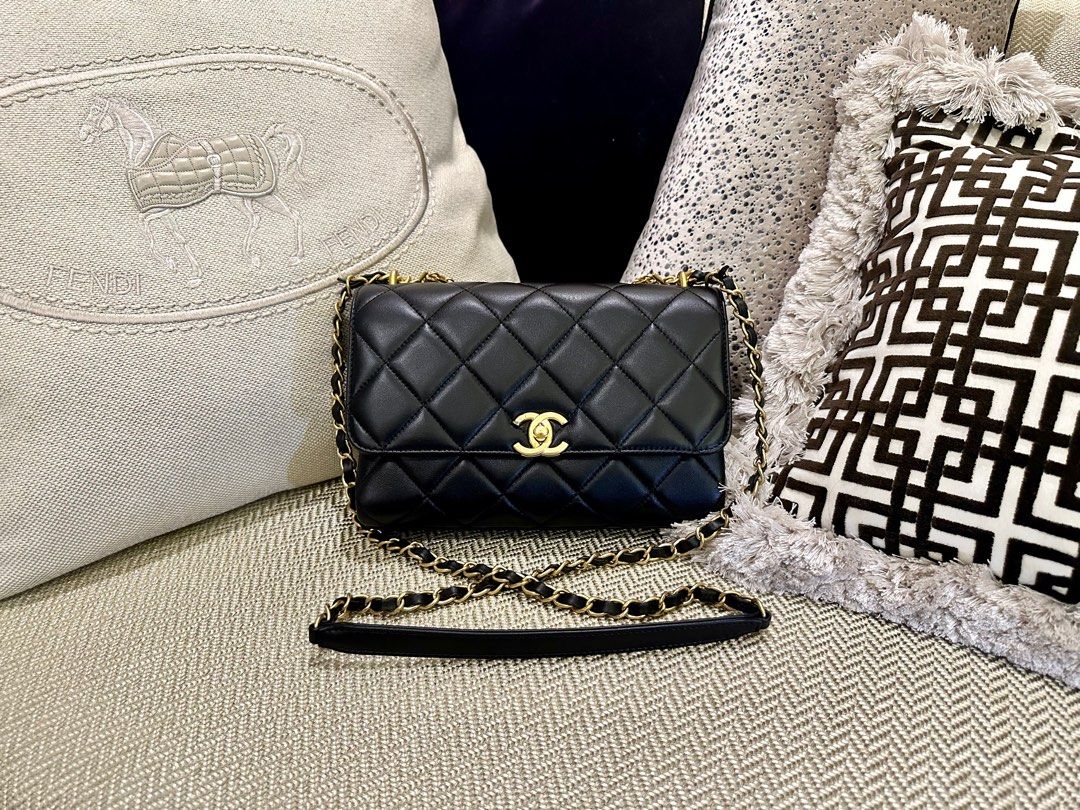 Chanel Quilted Lambskin Crystal Logo Chain Flap Bag Black Limited