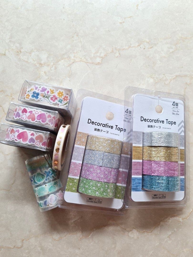 Daiso Decorative Tape Paper Sticker x7 Flower, Heart, Glitter, Seashell