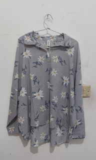 FREE ONGKIR - Blouse Kemeja Biru Garis Salur Bunga Flower