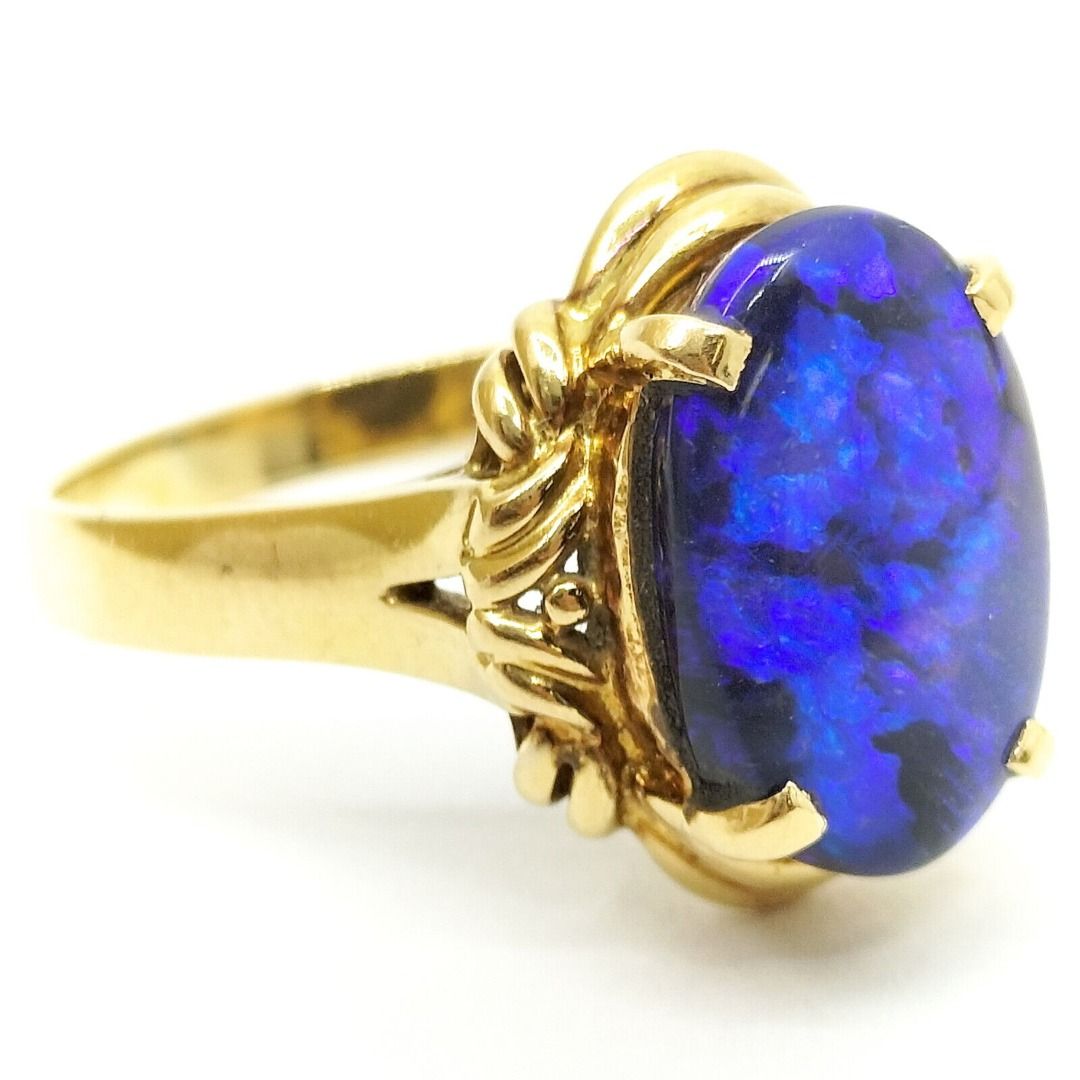 Genuine Real 18K Yellow Gold Vintage Ring With Blue Opal Stone US