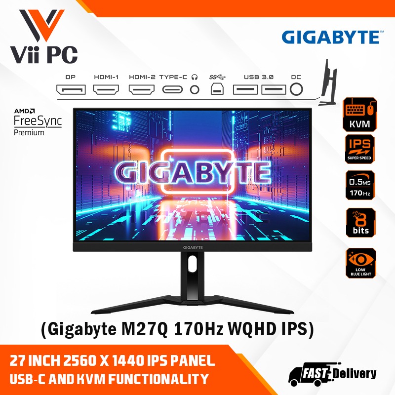 GIGABYTE M27Q-X 27 240Hz 1440P KVM Gaming Monitor, 2560 x 1440 SS IPS  Display, 1ms (GTG) Response Time, 92% DCI-P3, 1x Display Port 1.4, 2x HDMI  2.0