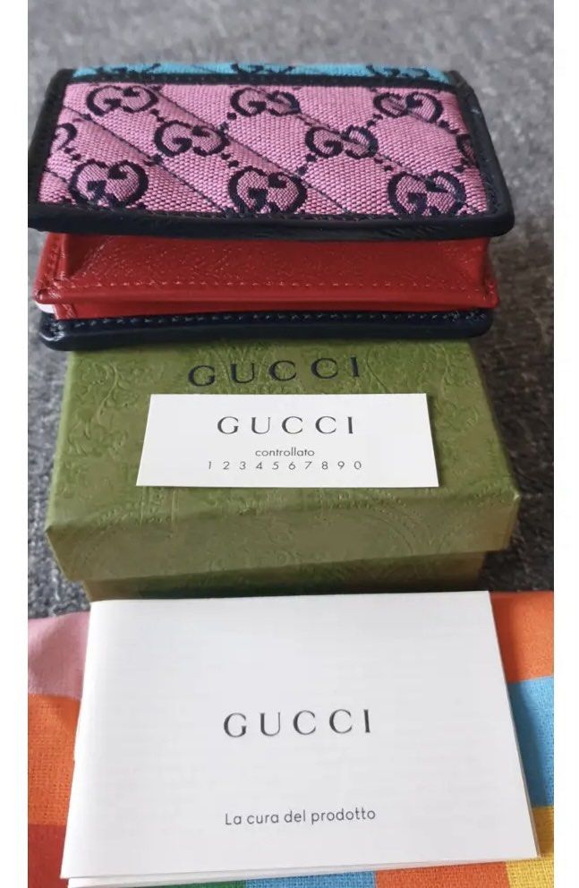 GUCCI GG Marmont Multicolor Cardholder Wallet Case Bi-fold Short Blue and  Pink
