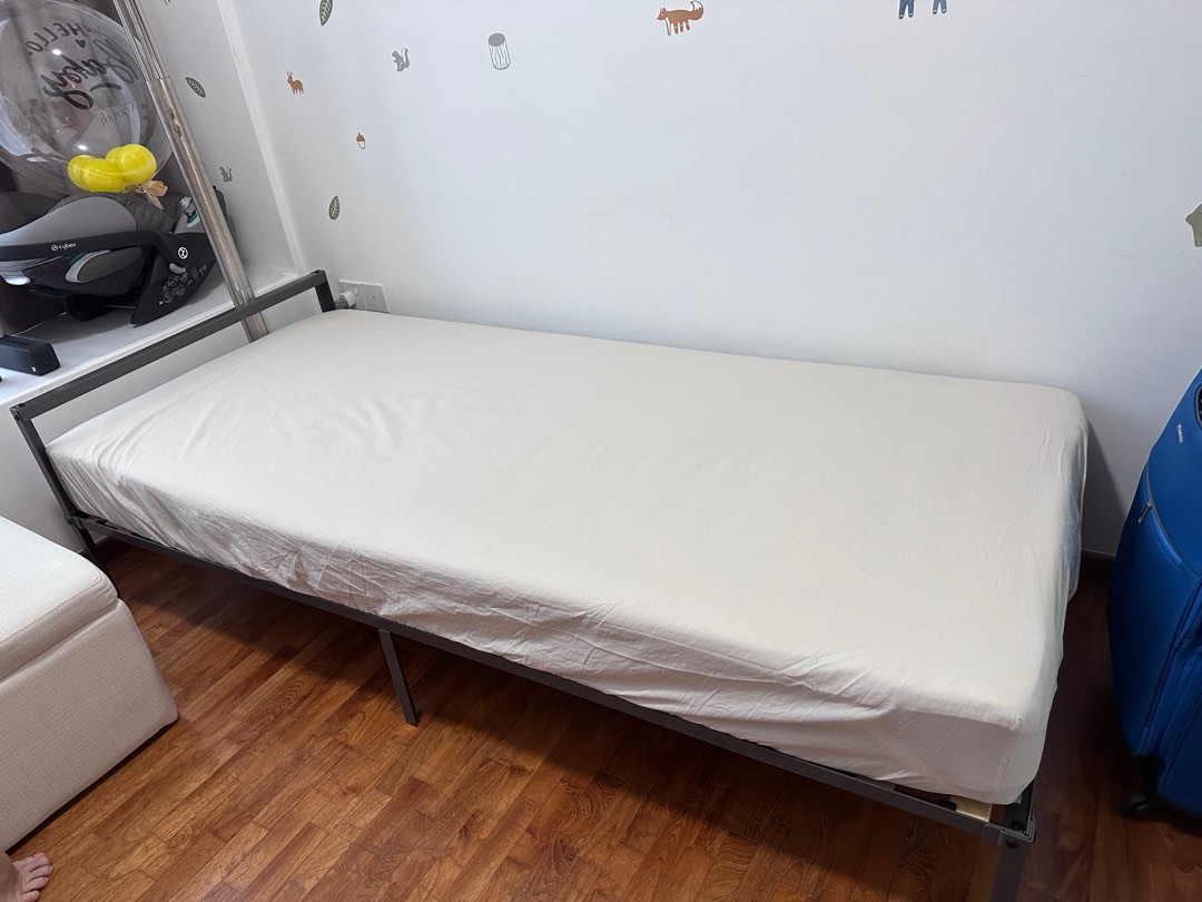 Ikea Single Bed Frame, mattress and mattress protector, Furniture