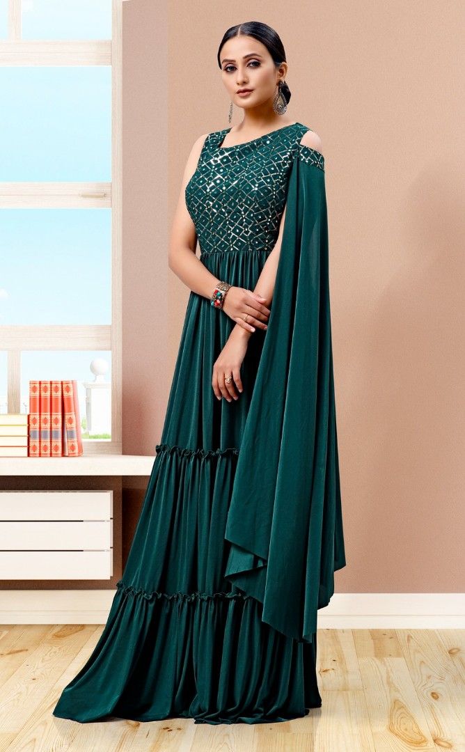 Partywear Long Gown with sequence and Print Design, Women's Fashion, Dresses  u0026 Sets, Dresses on Carousell