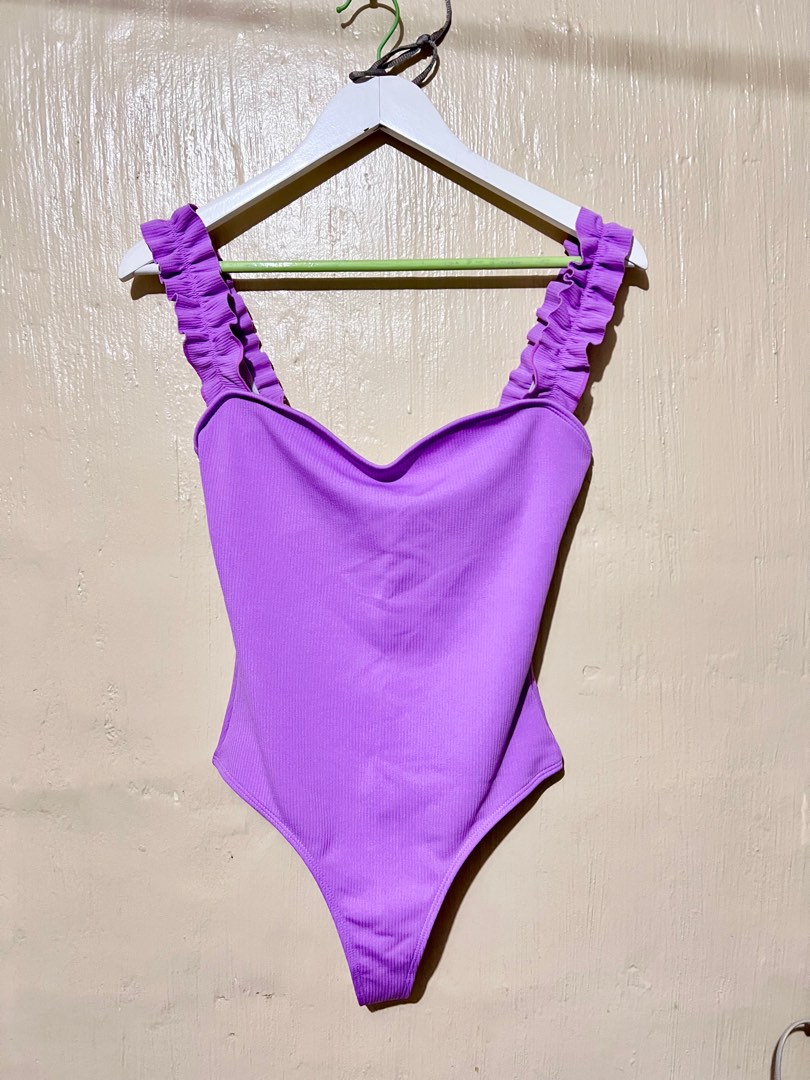 Purple one piece padded swimsuit cute ruffles on Carousell