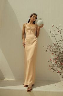 Zoo label DELPHINE garthered strap maxi dress with covered button detail in tan silk color