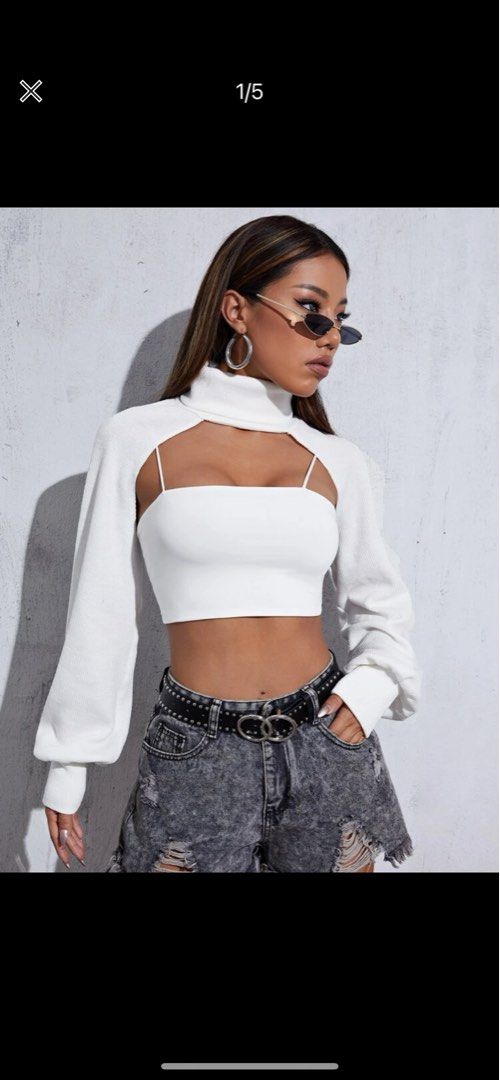 SHEIN Rolled Neck Super Crop Top Without Cami