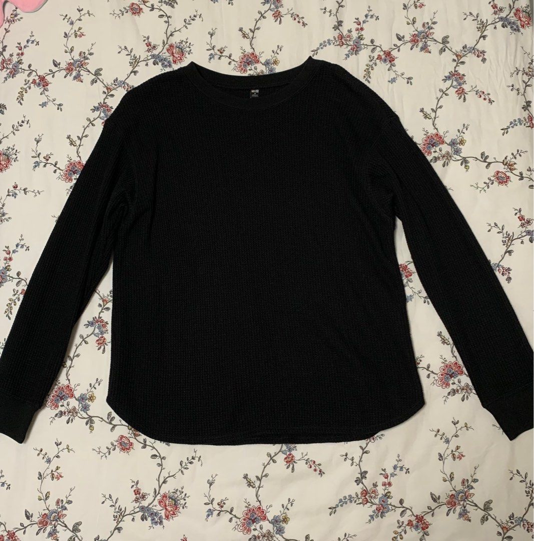 Black Waffle Long Sleeve Crew Neck