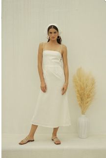 Zoo label avignon backless midi dress with asymmetrical tie skirt in linen white