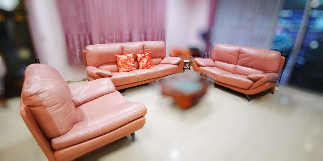 1,2,3 pink leather sofa set, Furniture & Home Living, Furniture, Sofas