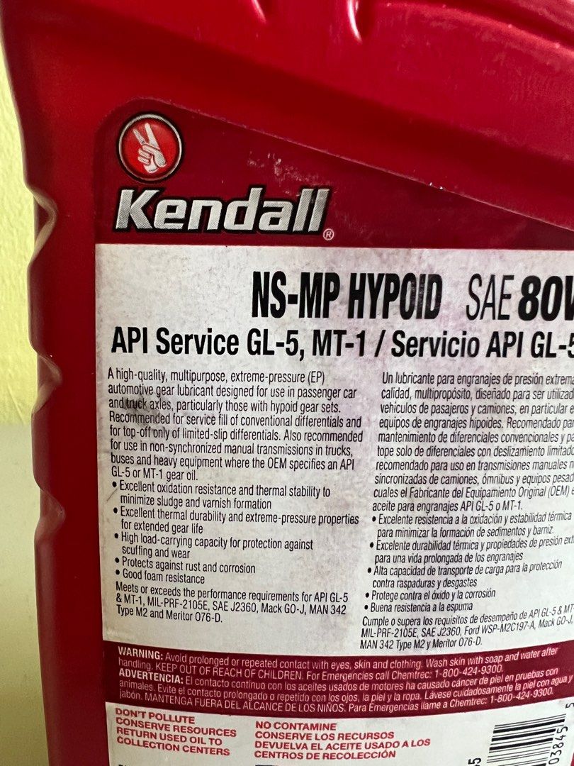800 ml left nearly full bottle Kendall gear oil for differential 80W90