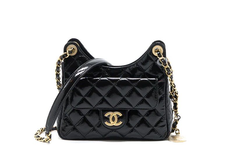 Chanel Small Hobo 23C Black Shiny Calfskin with brushed gold hardware