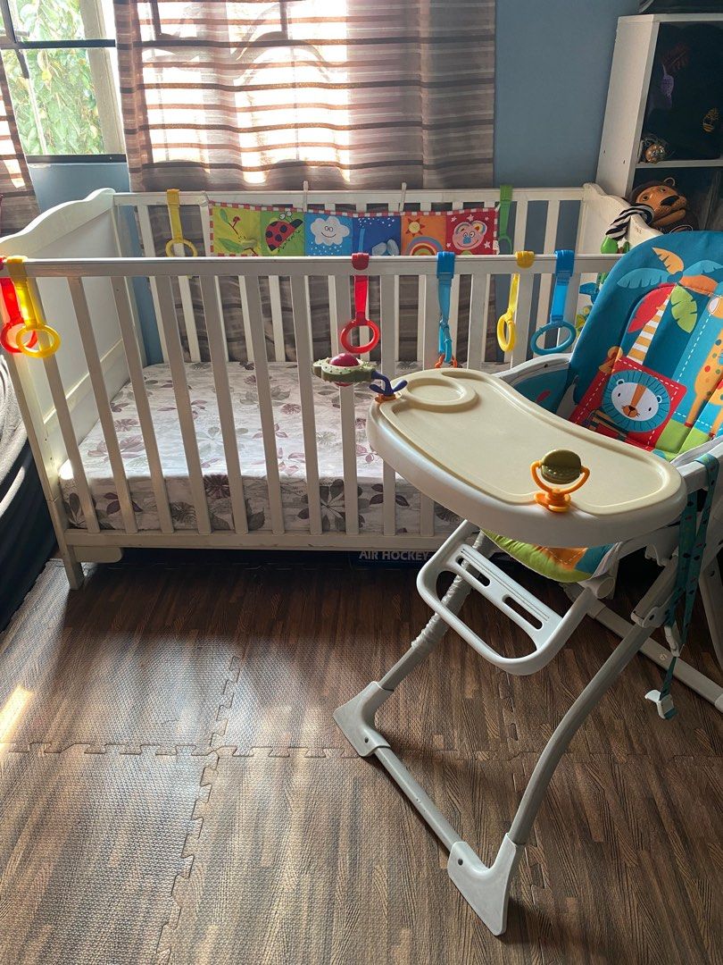 Cuddlebug Crib and Highchair Set (Category: Cots & Cribs) located in Quezon City. Submitted by tinperen (Listing ID 1224534656, Image 1). Description: Decluttering sale Cuddlebug Crib and Mattress bought for almost 15k. With free baby training handles 8pcs Akeeva Highchair bought for 1.8k. Sold as set for 7k Loc: Pasong Tamo QC.