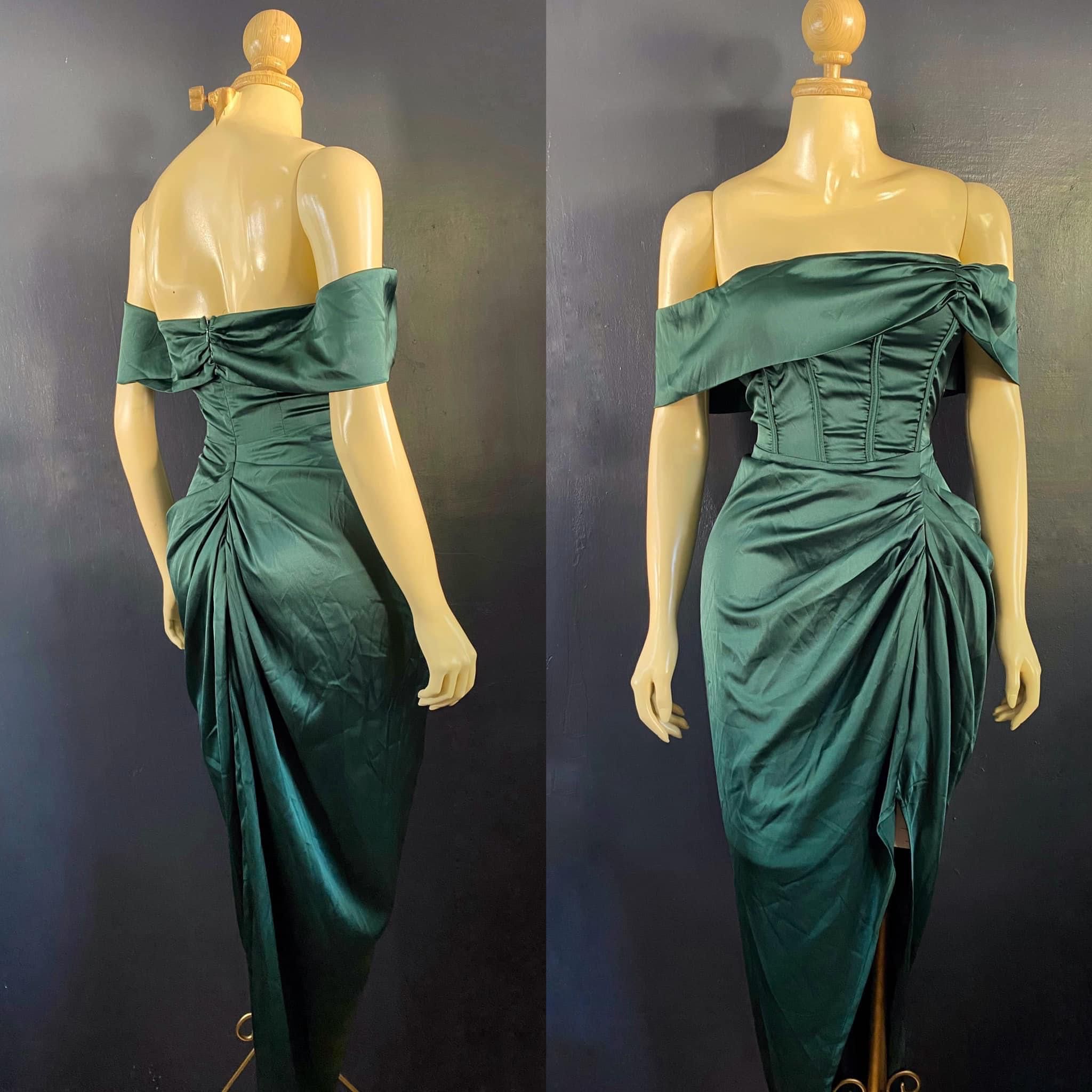 30227 Emerald Green Accessorised Draped Slit Dress
