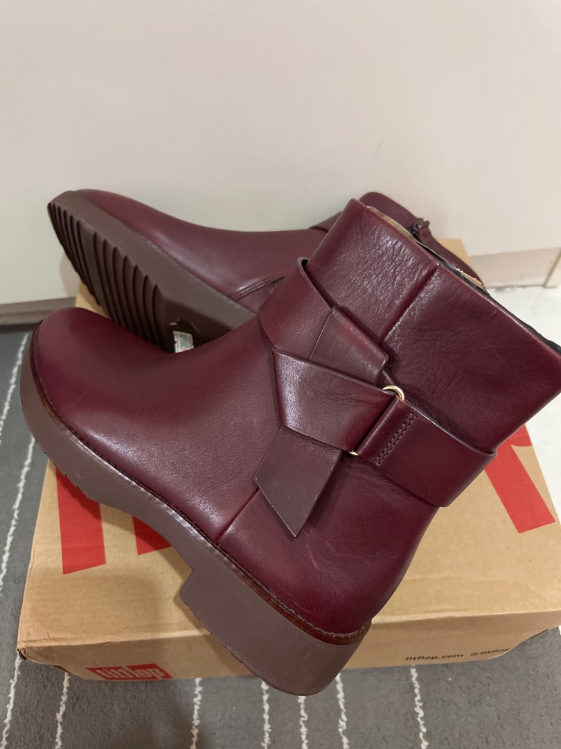 FITFLOP Leather Knot Ankle Boots Lingonberry Women s Fashion