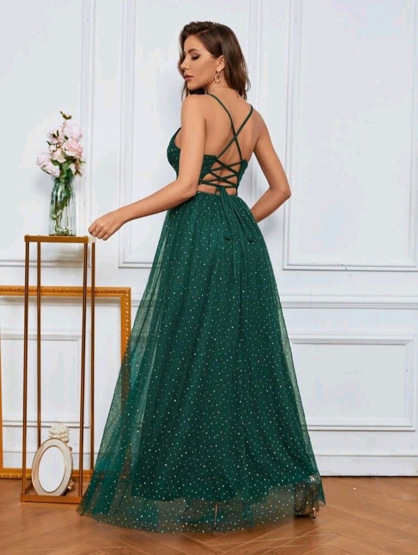 Green criss cross back glitter evening gown bridesmaid dress
