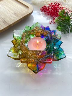 Handmade Lotus Rainbow Flower Resin Candle Holder