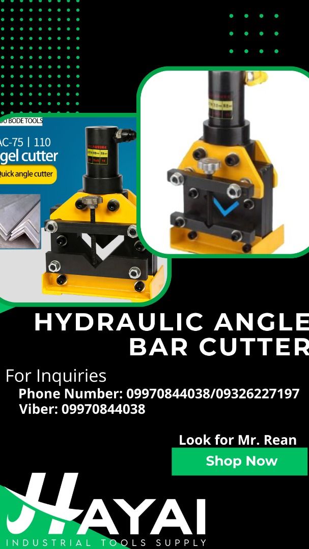 Hydraulic Angle Bar Cutter (Category: Industrial Equipment) located in Manila. Submitted by 09970844038rean.hayai (Listing ID 1224579671, Image 1). Description: Hydraulic Angle Bar Cutter Punching force 30 Tons cutting wide range: 110*110*8mm Max. Thickness 10mm Package Size 13*9*19 inch Package Weight 42kg Price: 28,600.00 For Inquiries Globe:📞☎@0997-084-4038 Smart:📞☎@0932-627-7197 Viber:📞☎@0997-084-4038 Whatsapp:📞☎@0997-084-4038 Wechat:📞☎@