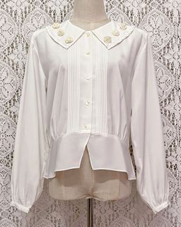 🌸Japanese Vintage 1980s 80s White Ivory 3D Ribbon Rose Embellished Button Up Long Sleeve Blouse Top Thrift Sweet Kawaii Lolita Princess Light Academia Cottagecore