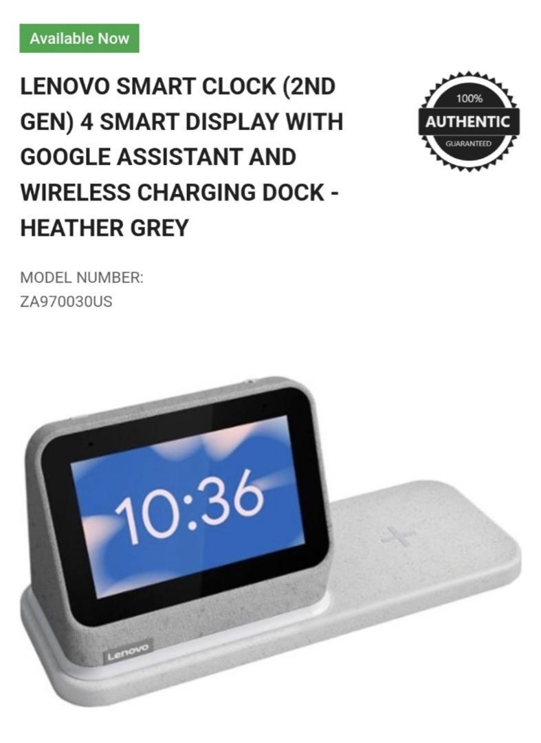 Lenovo Smart Clock 2 with wireless docking Heather Grey, TV & Home