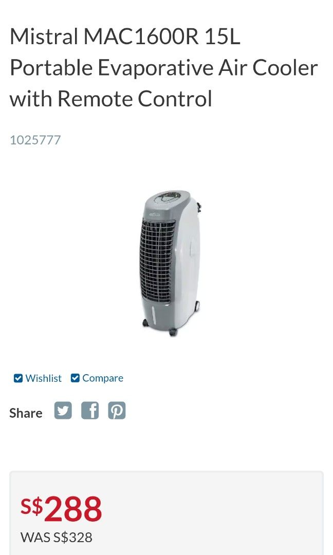 🔥New🔥Mistral MAC1600R 15L Portable Evaporative Air Cooler with