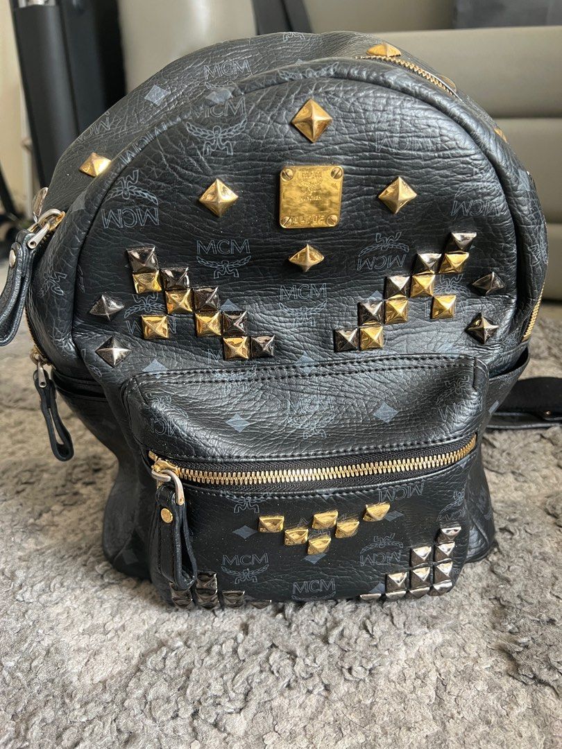 Blue MCM Bag with black and gold studs ( Authentic ), Luxury, Bags &  Wallets on Carousell