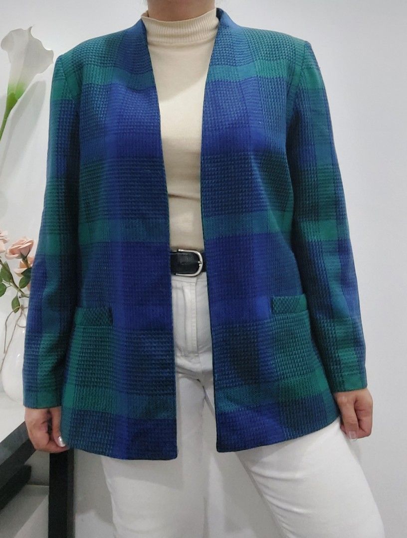 Plaid blue green blazer, Women's Fashion, Coats, Jackets and Outerwear