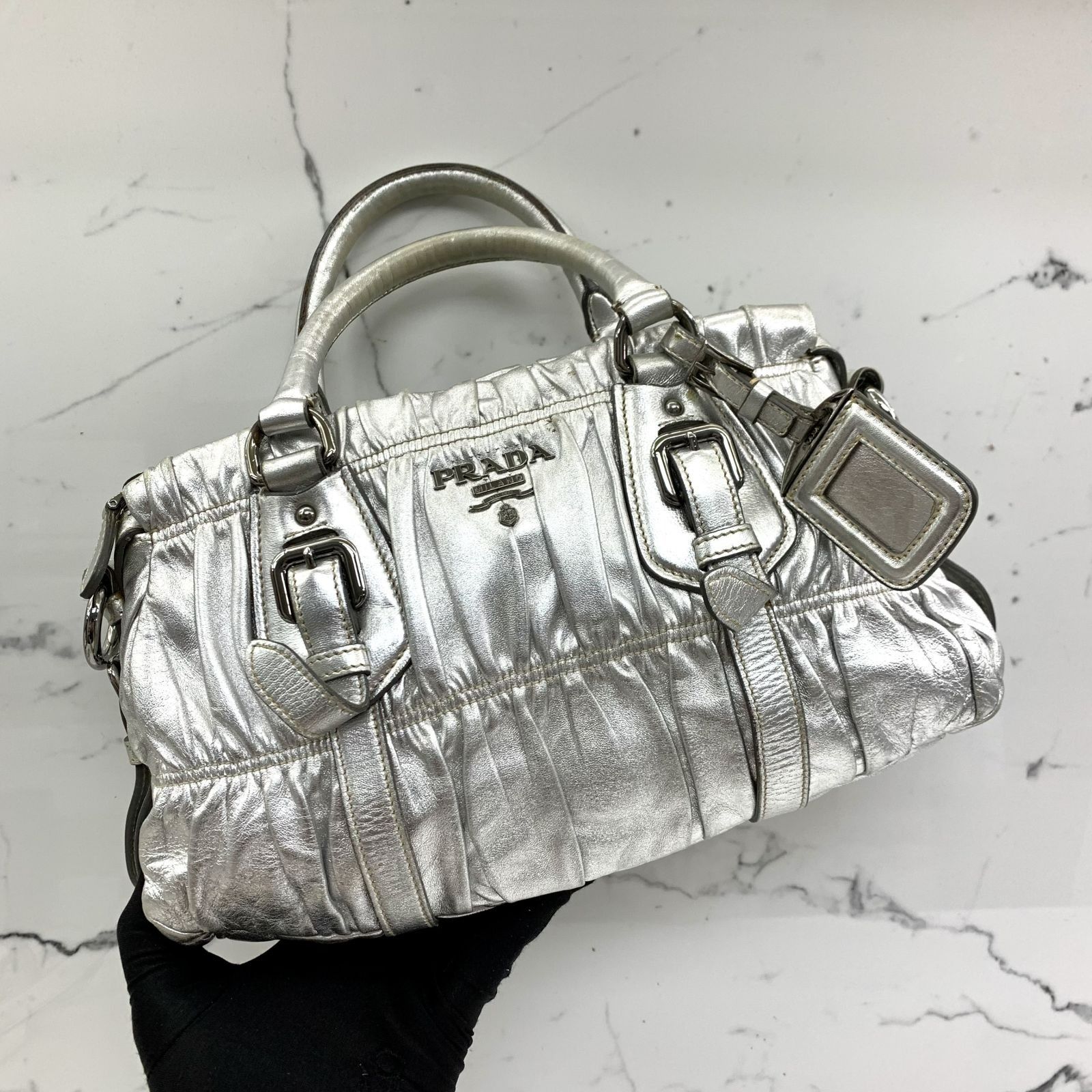 PRADA SILVER LEATHER GATHER 2WAY SHOULDER BAG 237008835 WE