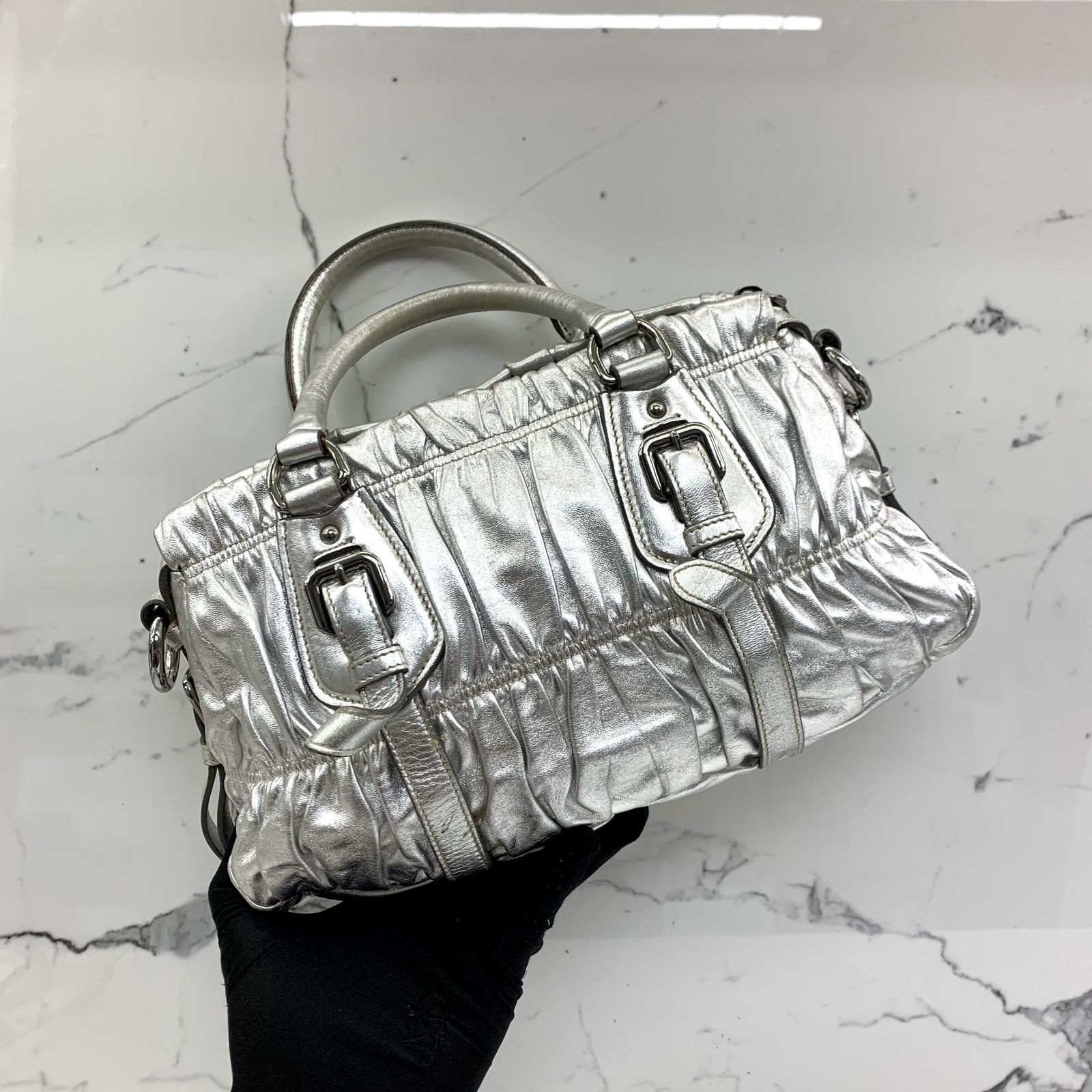 PRADA SILVER LEATHER GATHER 2WAY SHOULDER BAG 237008835 WE