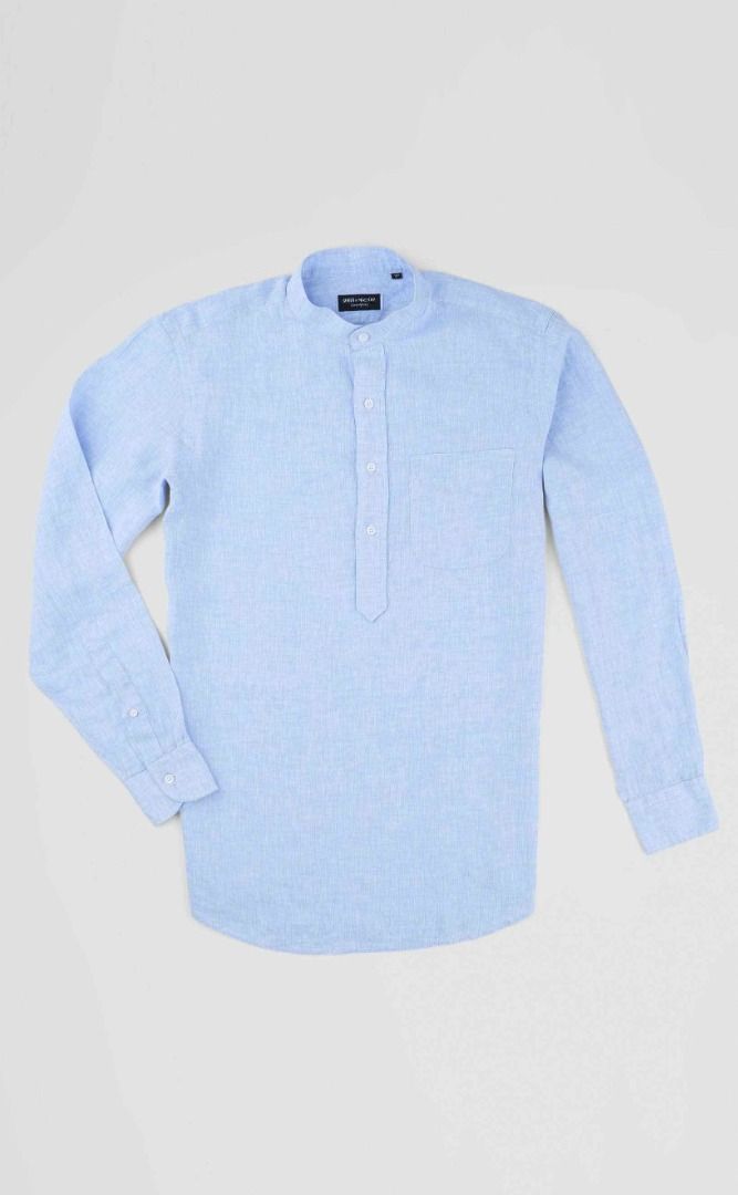 Spier & MacKay Light Blue Linen Popover Band Collar Shirt, Men's