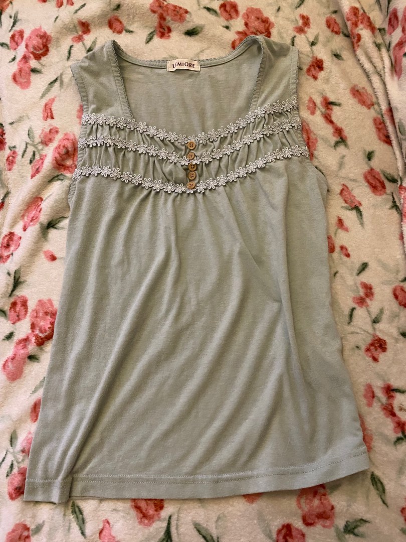 thrifted coquette cottagecore sage green vest top, Women's Fashion ...