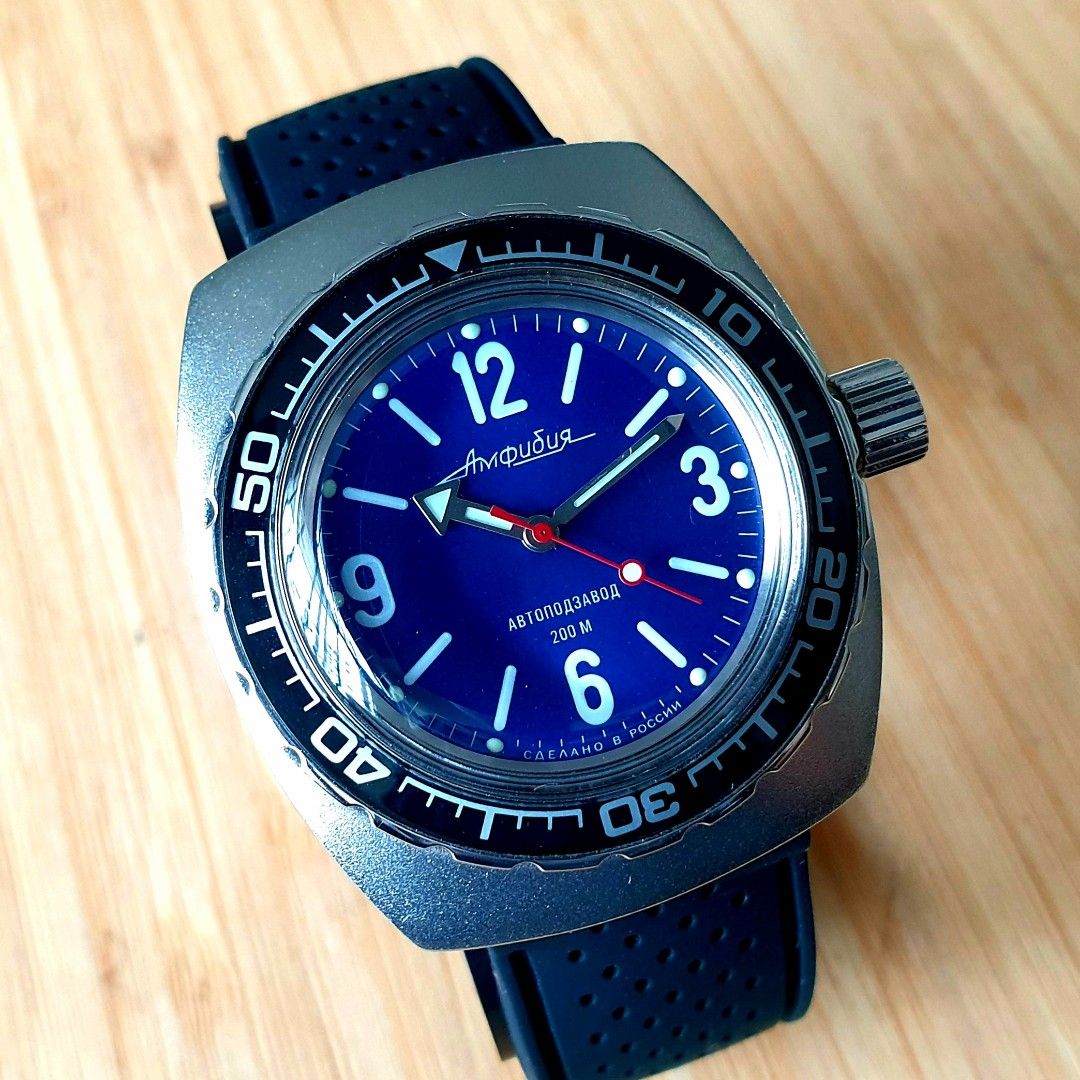 Vostok Amphibia Classic Automatic Blue Dial. In stock. 200 M water resistance. Black bezel. Soviet era design. In stock. Mod bezel not for Seiko. Free Delivery. Men s Fashion Watches Accessories Watch...