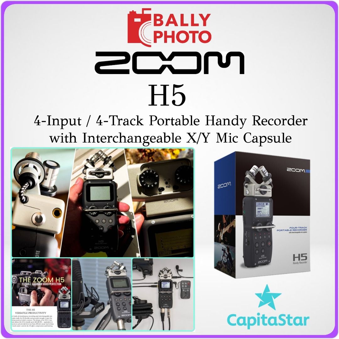 Zoom H5, 4-Input / 4-Track Portable Handy Recorder with Interchangeable  X/Y Mic Capsule