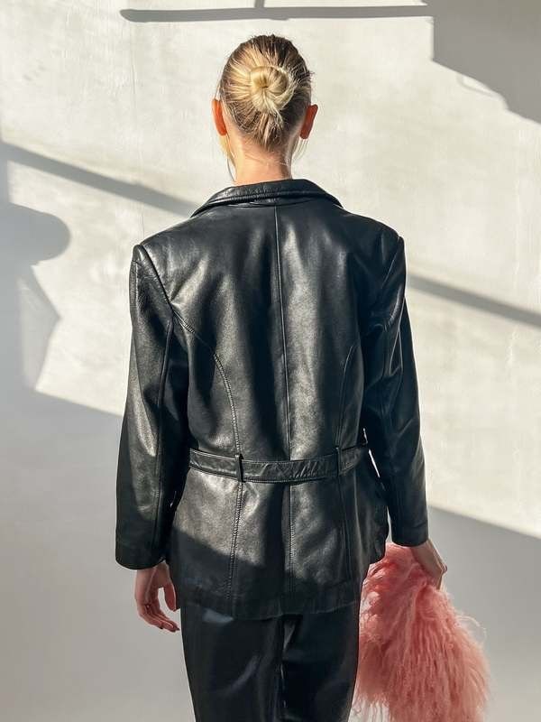 90s matrix trinity neo vintage leather jacket cropped trench coat with belt strap in black