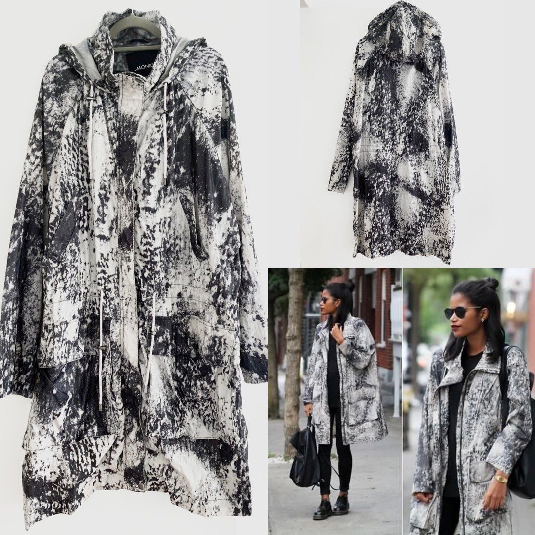 Sweden Black White Ink Organic Graphic Print Monki Long Sleeve Parka Coat Jacket Carousell