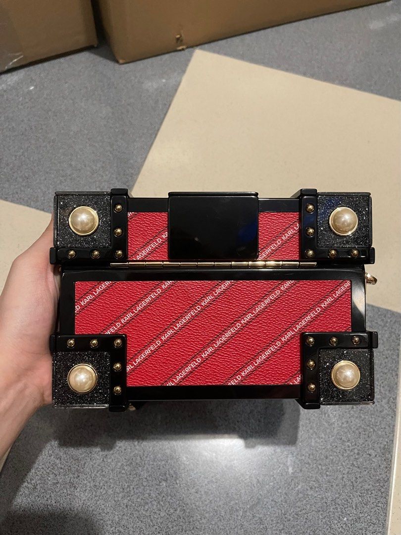 Authentic cheapest Karl Lagerfeld Black x red acrylic treasure box minaudiere crossbody bag