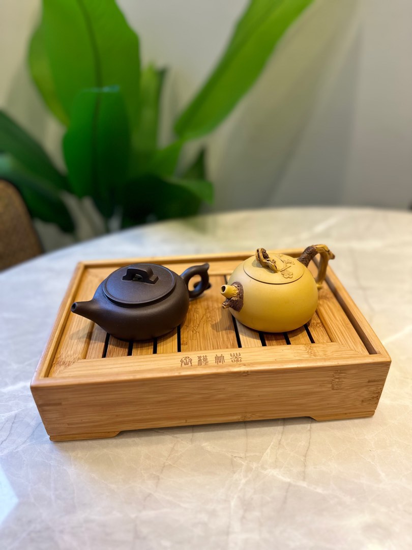 Authentic Chinese Tea Pot x 2 with Bamboo Tea Tray, Furniture & Home