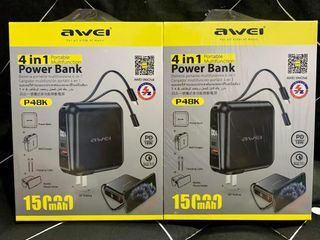 🟡AWEI 15000MAH POWERBANK 4 IN 1 POWER BANK STYLISH MULTIFUNCTION LED DISPLAY BUILT IN 2 CABLE MODEL P48K