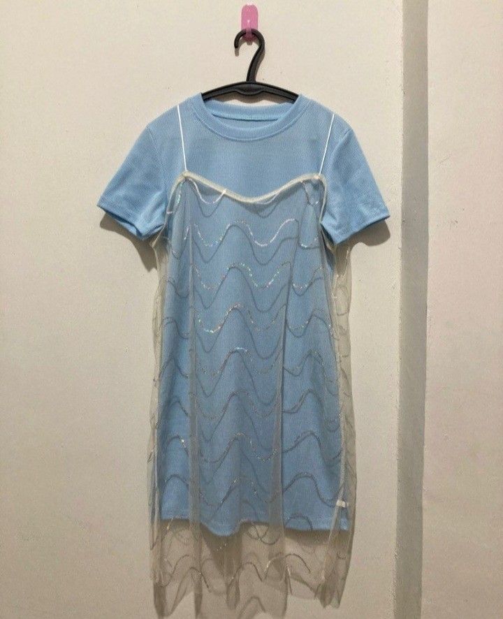 Blue Midi Dress, Fesyen Wanita, Pakaian Wanita, Gaun & Rok di Carousell