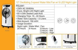 FEL641 12 OSCILLATING 3-SPEED WATER MIST FAN W/ 9 LED NIGHT LGHT